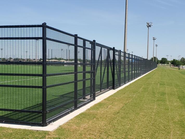 anti-climb fence, cantilever gates, chain link backstops - Russell Creek Park - Plano, Texas